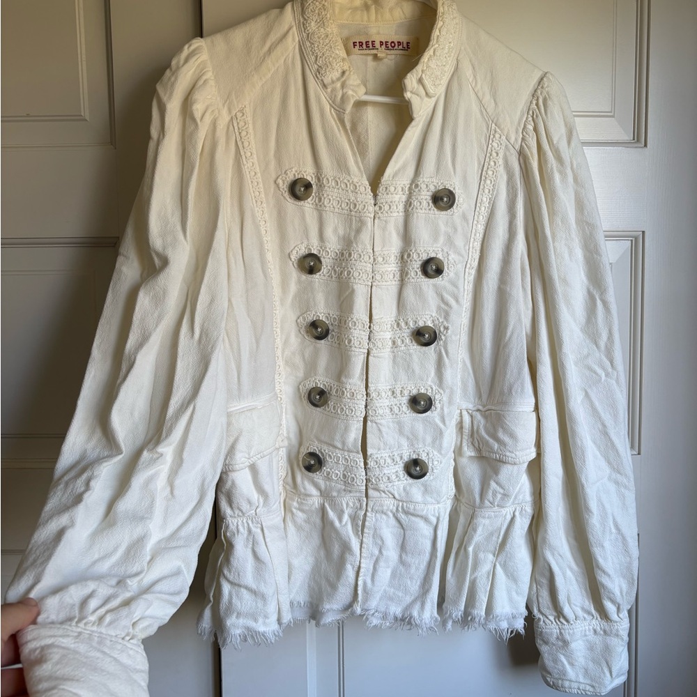 Free People Cream Double-Breasted Lace Trim Military Jacket